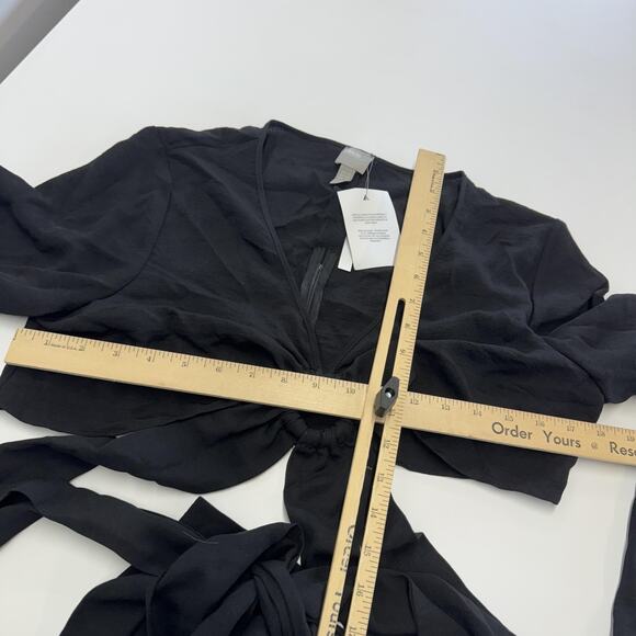 ASOS Blouse Womens 10 Black Tie Front Crop Top Long Bell Sleeve V Neck Wrap - Picture 6 of 7